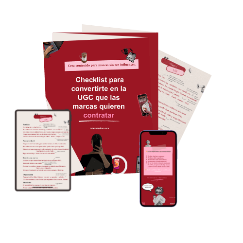 Mockup del checklist gratuito en PDF para creadoras UGC. Guía paso a paso con consejos de portfolio, edición, marca personal y mentalidad para atraer marcas y conseguir colaboraciones.